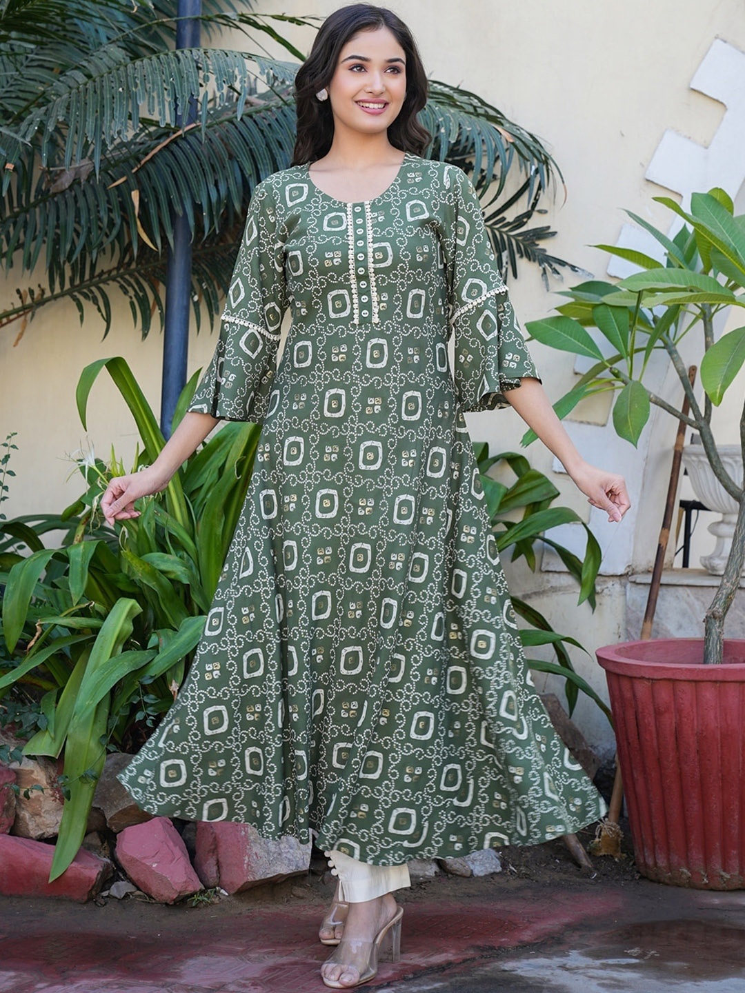 

KALINI Abstract Printed Anarkali Kurta, Green