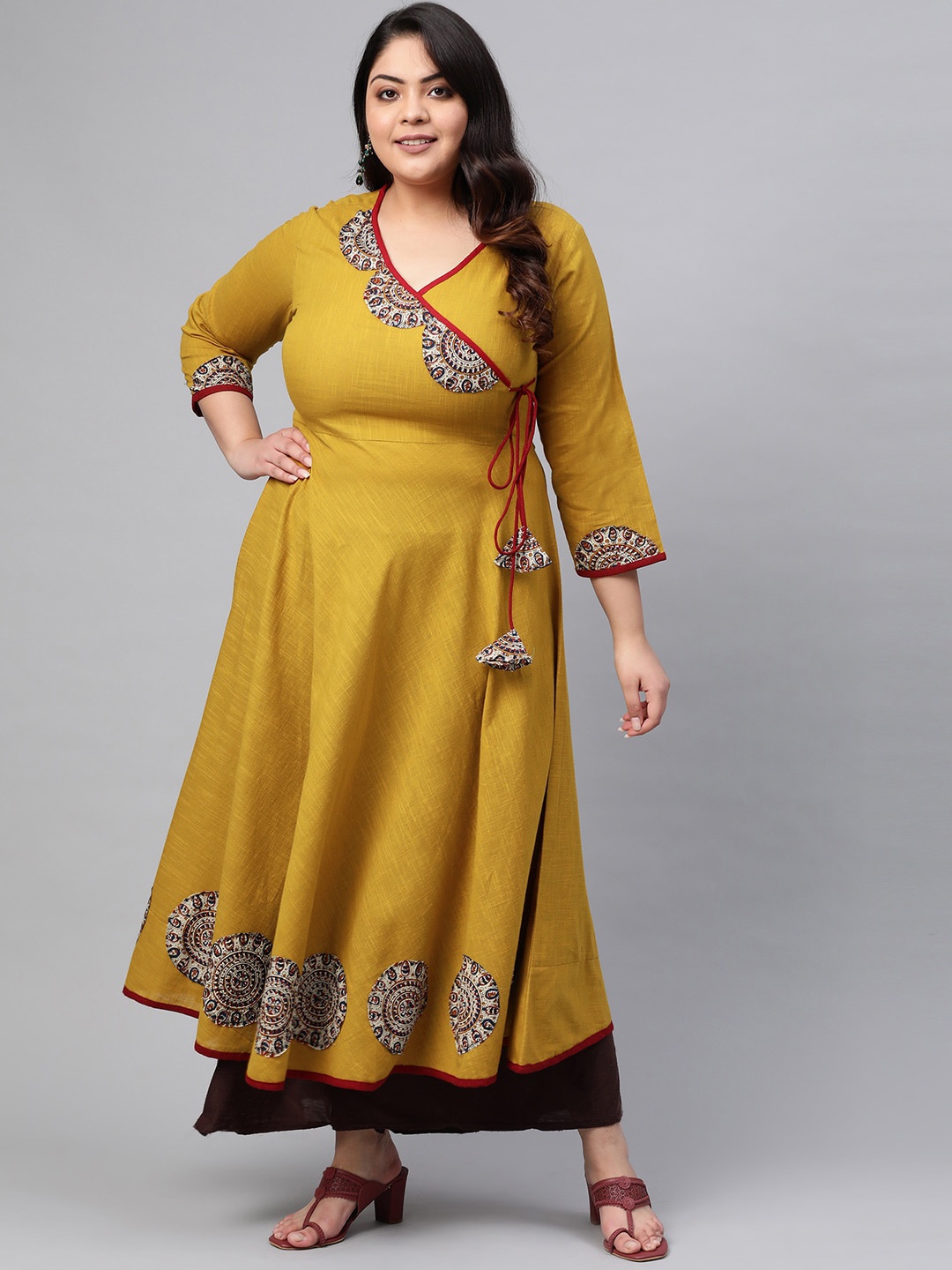 KALINI Plus Size Floral Printed Patch Work Angrakha Anarkali Kurta, Mustard