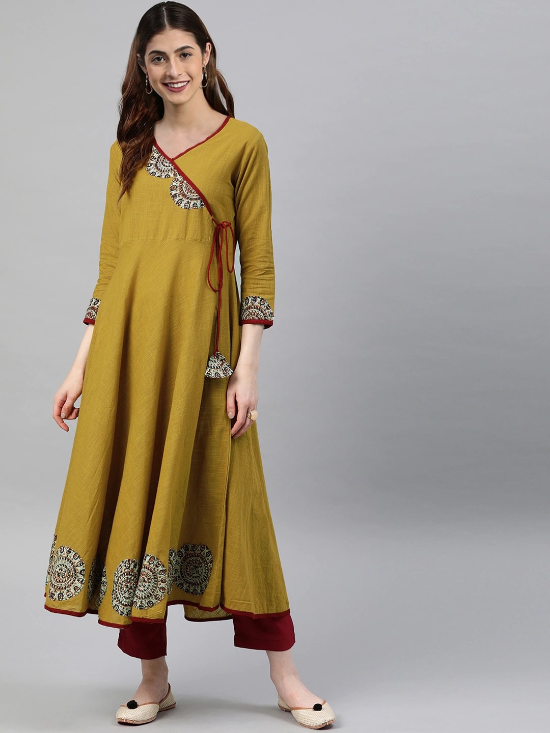 

KALINI Floral Yoke Design V-Neck Angrakha Kurta, Mustard