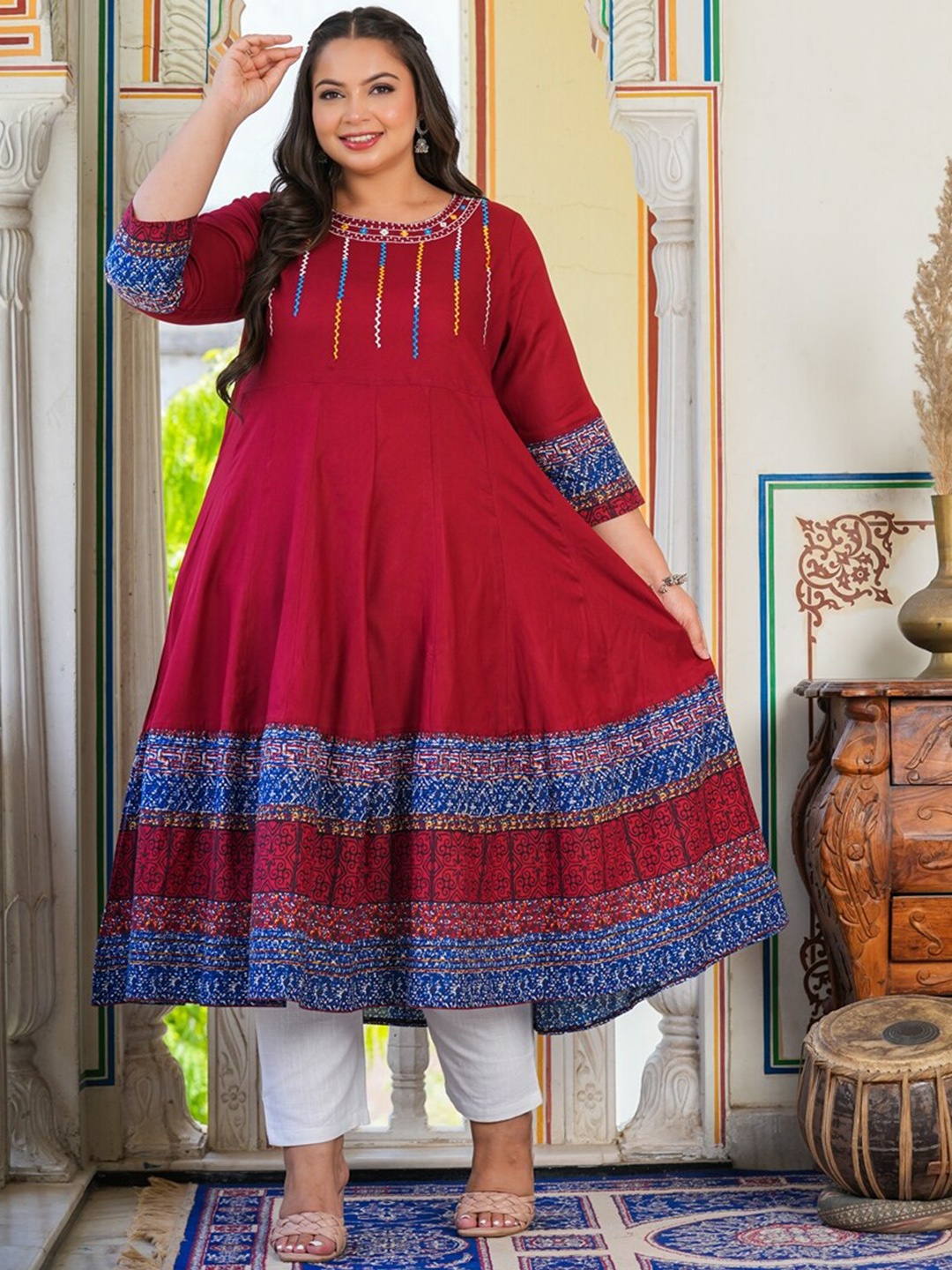 

KALINI Plus Size Ethnic Motifs Printed Mirror Work Anarkali Kurta, Maroon