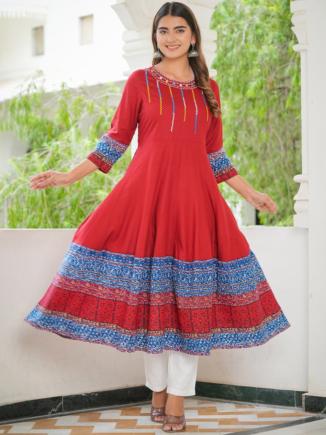 

KALINI Ethnic Motifs Printed Thread Work Anarkali Kurta, Maroon