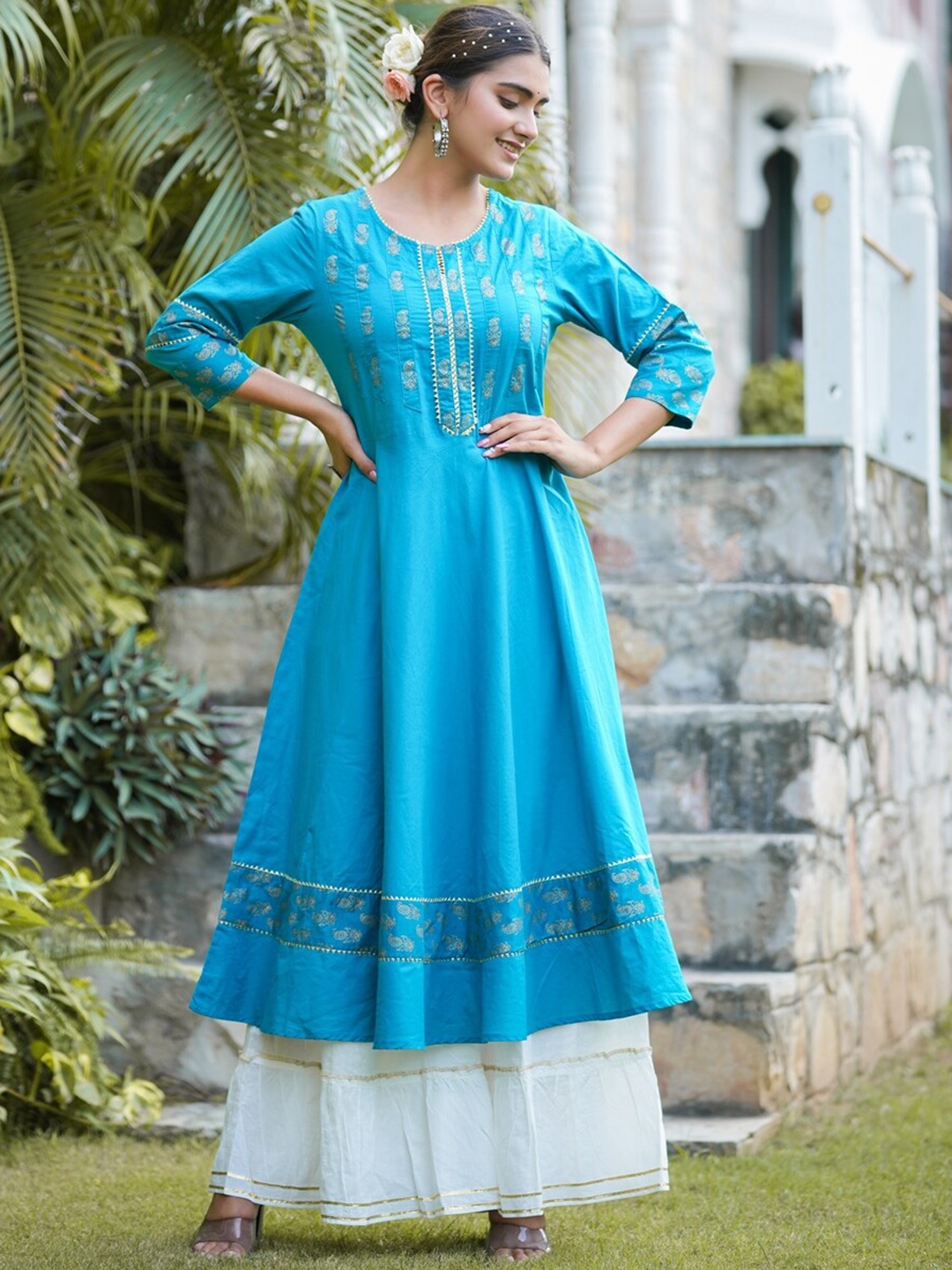 

KALINI Floral Printed Gotta Patti Cotton Anarkali Kurta, Teal
