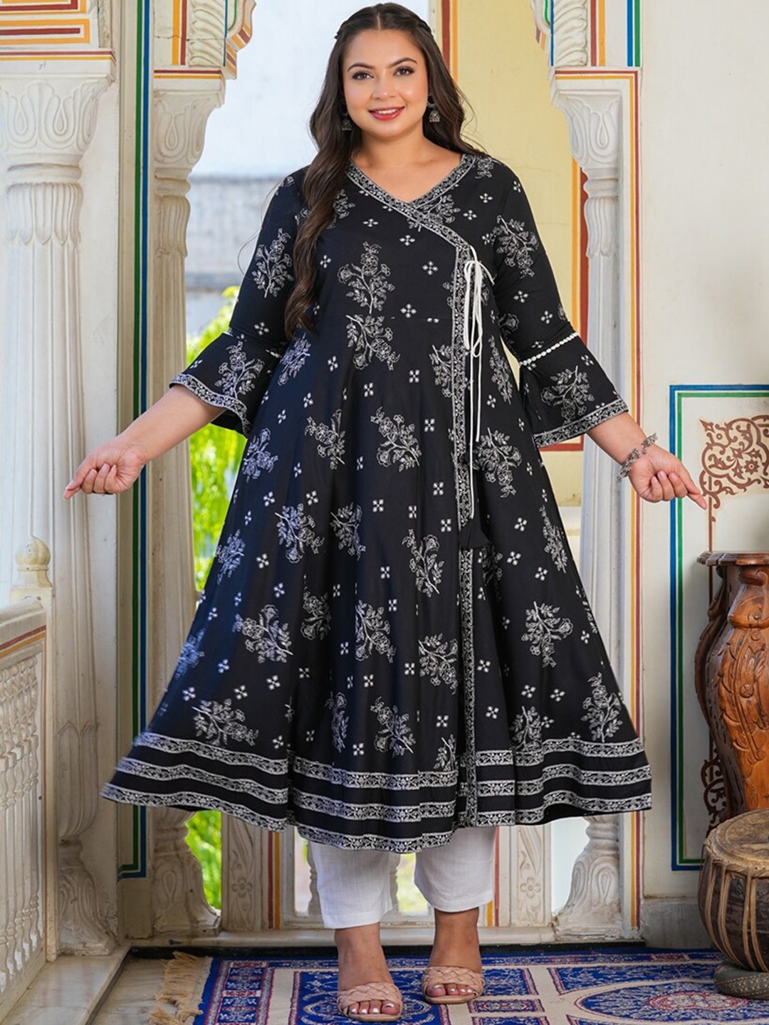 

KALINI Plus Size Floral Printed Angrakha Kurta, Black