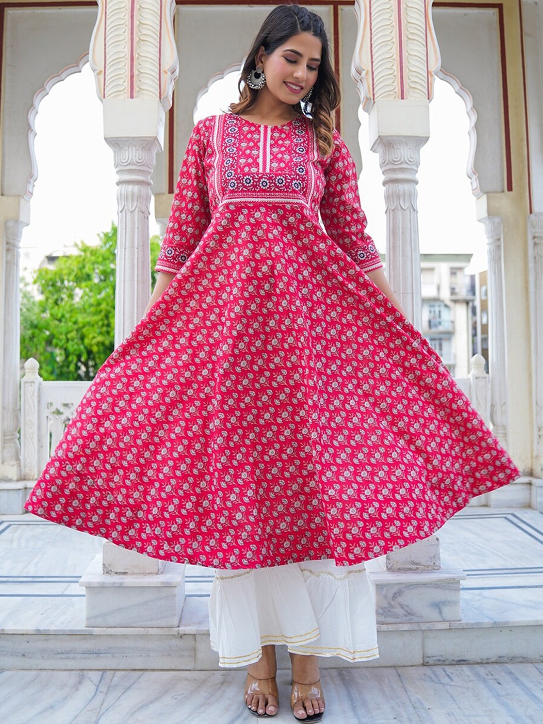 

KALINI Ethnic Motifs Printed Anarkali Kurti, Red