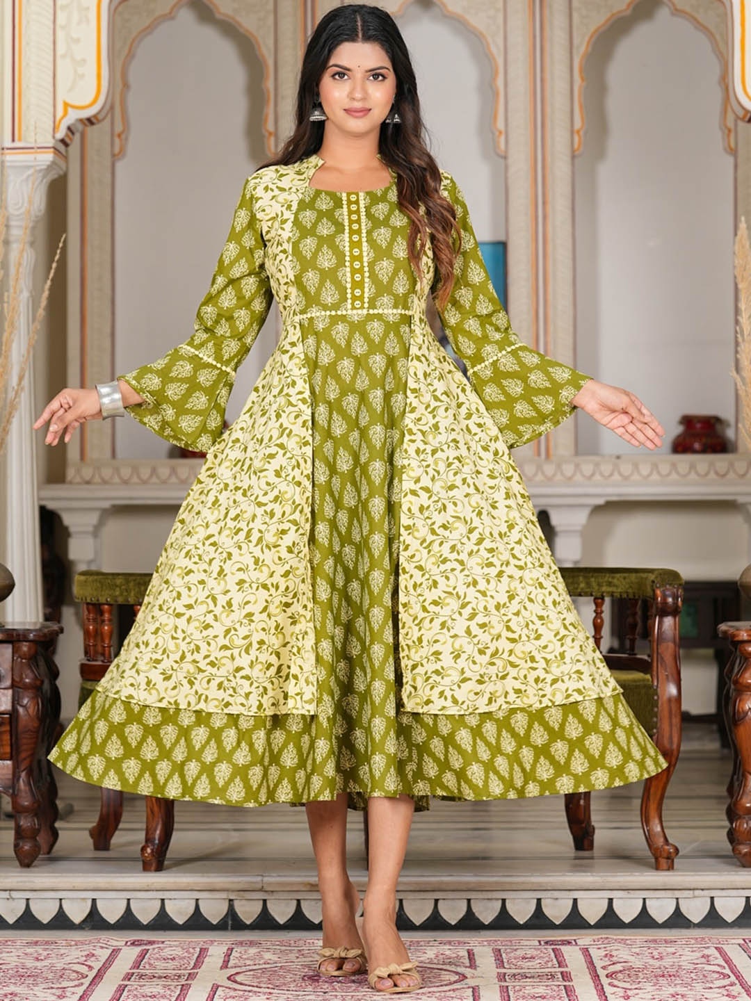 KALINI Floral Printed Flared Sleeves Cotton A-Line Kurta, Green