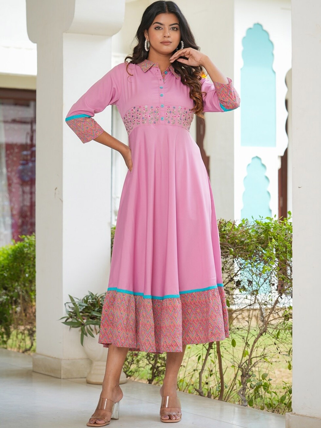 

KALINI Floral Embroidered Thread Work Shirt Collar Anarkali Kurta, Pink