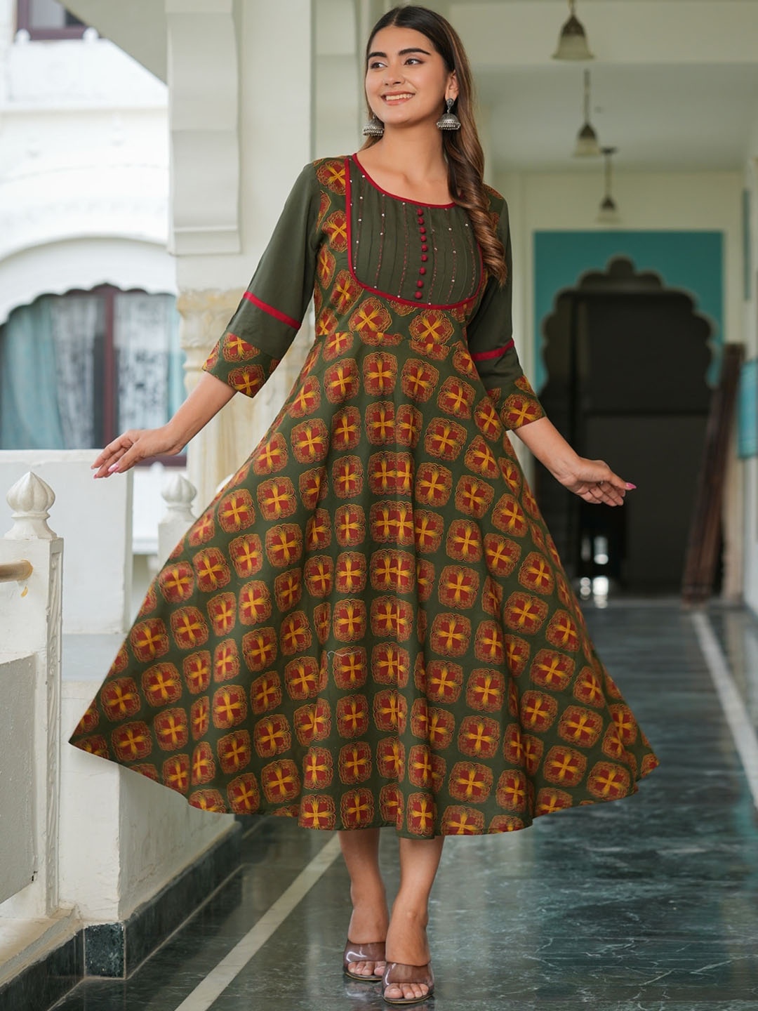 KALINI Floral Printed Regular Thread Work Pintucks Anarkali Kurta, Green