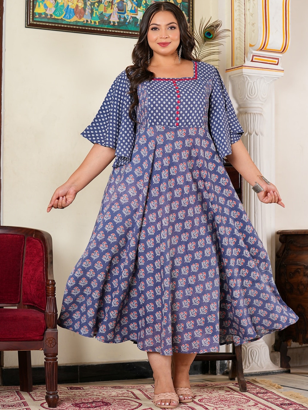

KALINI Plus Size Ethnic Motifs Printed Kurta, Blue