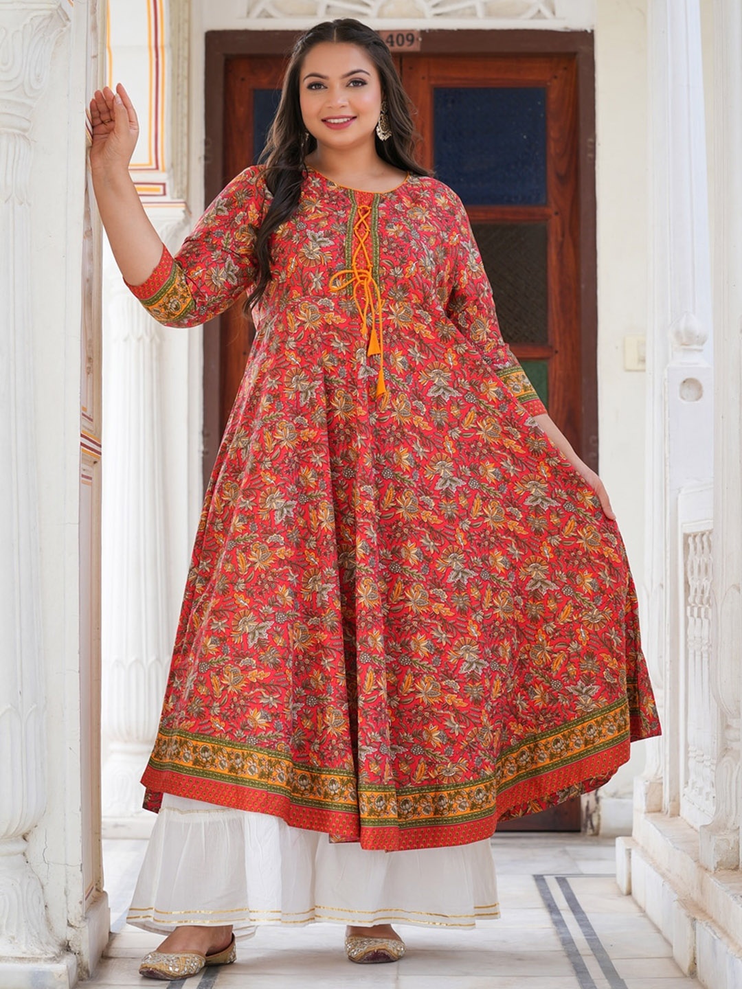 KALINI Plus Size Floral Printed Round Neck Anarkali Kurta, Red
