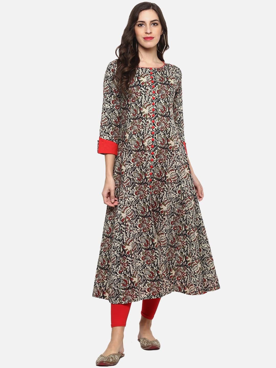 

KALINI Floral Printed Round Neck Cotton Anarkali Kurta, Red