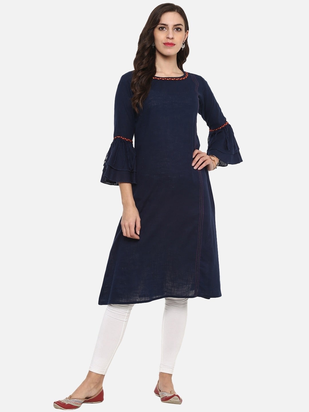 

KALINI Floral Printed Round Neck Cotton A-Line Kurta, Blue