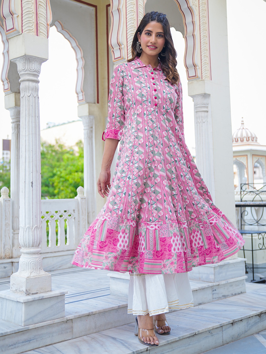 

KALINI Women Floral Striped Mirror Work Anarkali Kurta, Pink