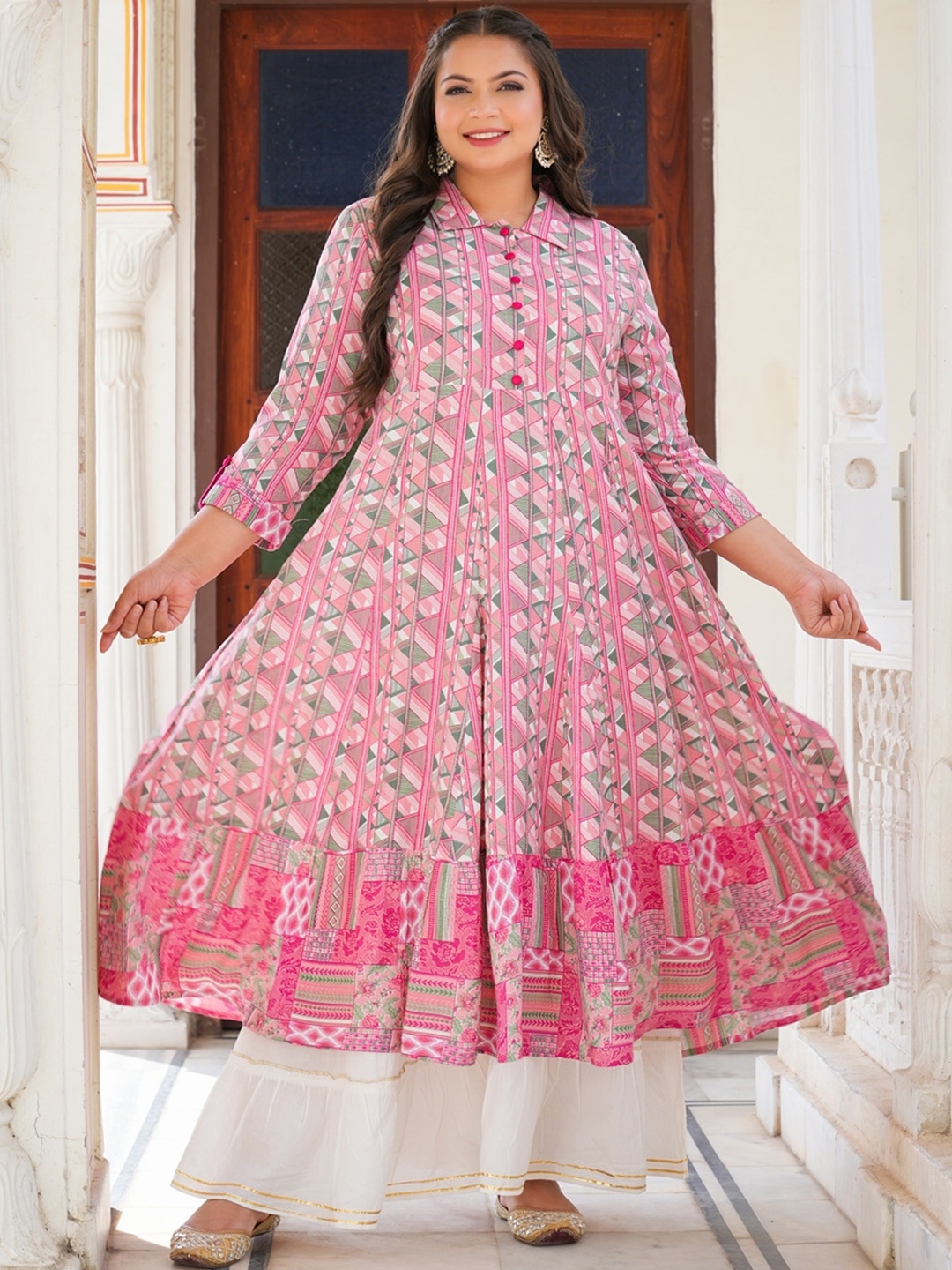 KALINI Plus Size Geometric Printed Anarkali Kurta, Pink