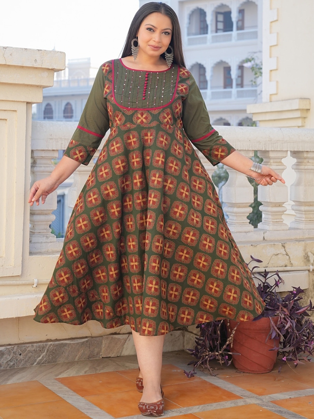 

KALINI Floral Printed Regular Thread Work Pintucks Plus Size Anarkali Kurta, Green