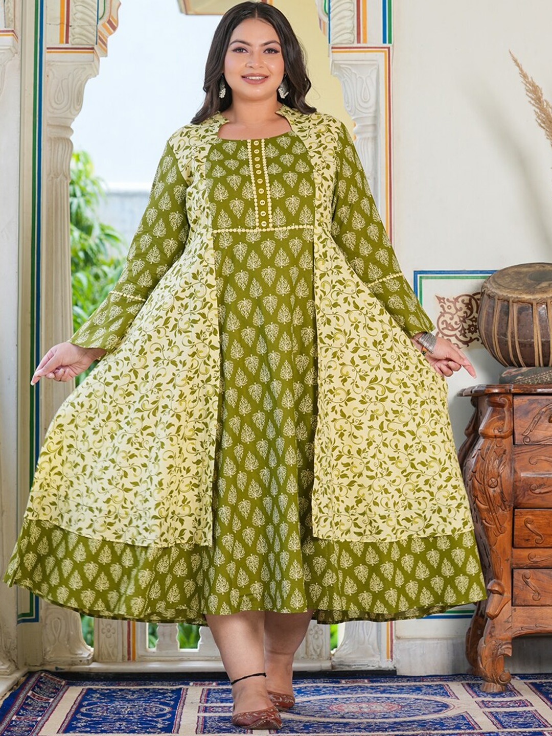 

KALINI Plus Size Ethnic Motifs Printed Cotton Anarkali Kurta, Green