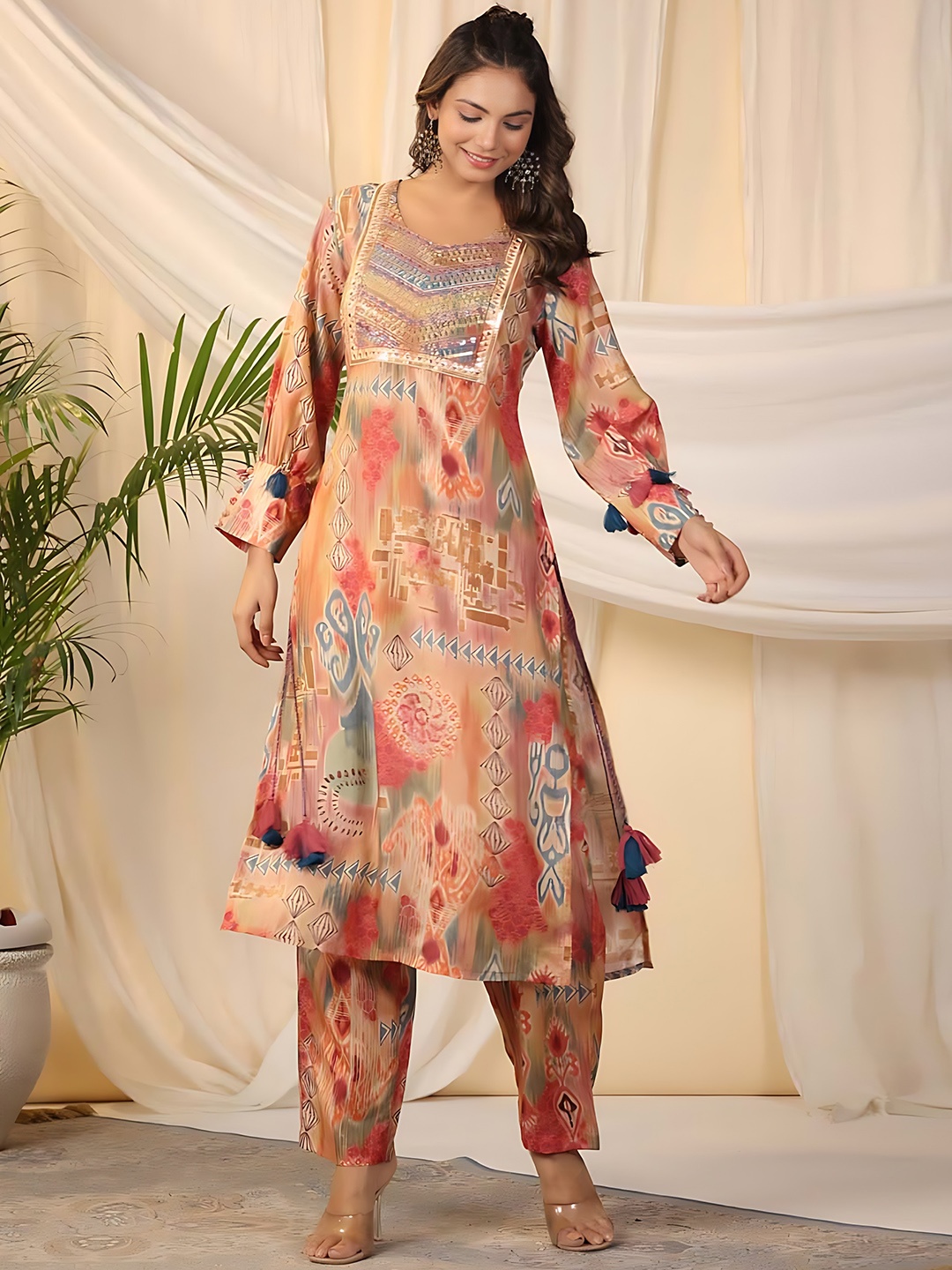 

KALINI Geometric Printed Regular Kurta with Trouser, Peach