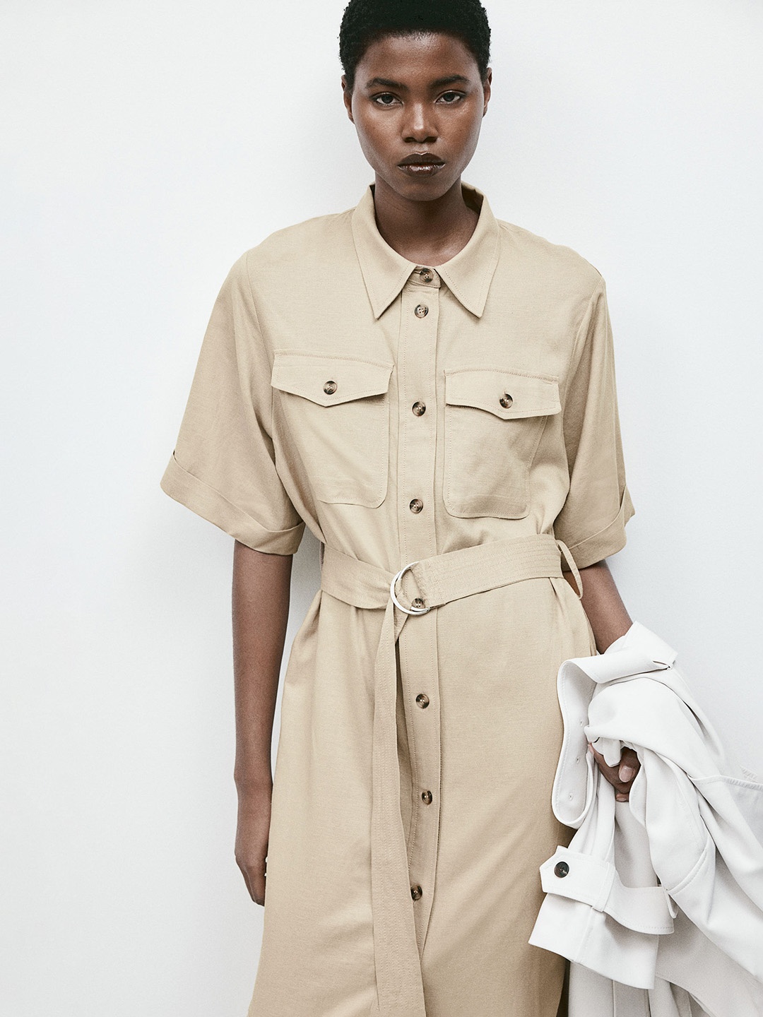 

H&M Linen-Blend Shirt Dress, Beige