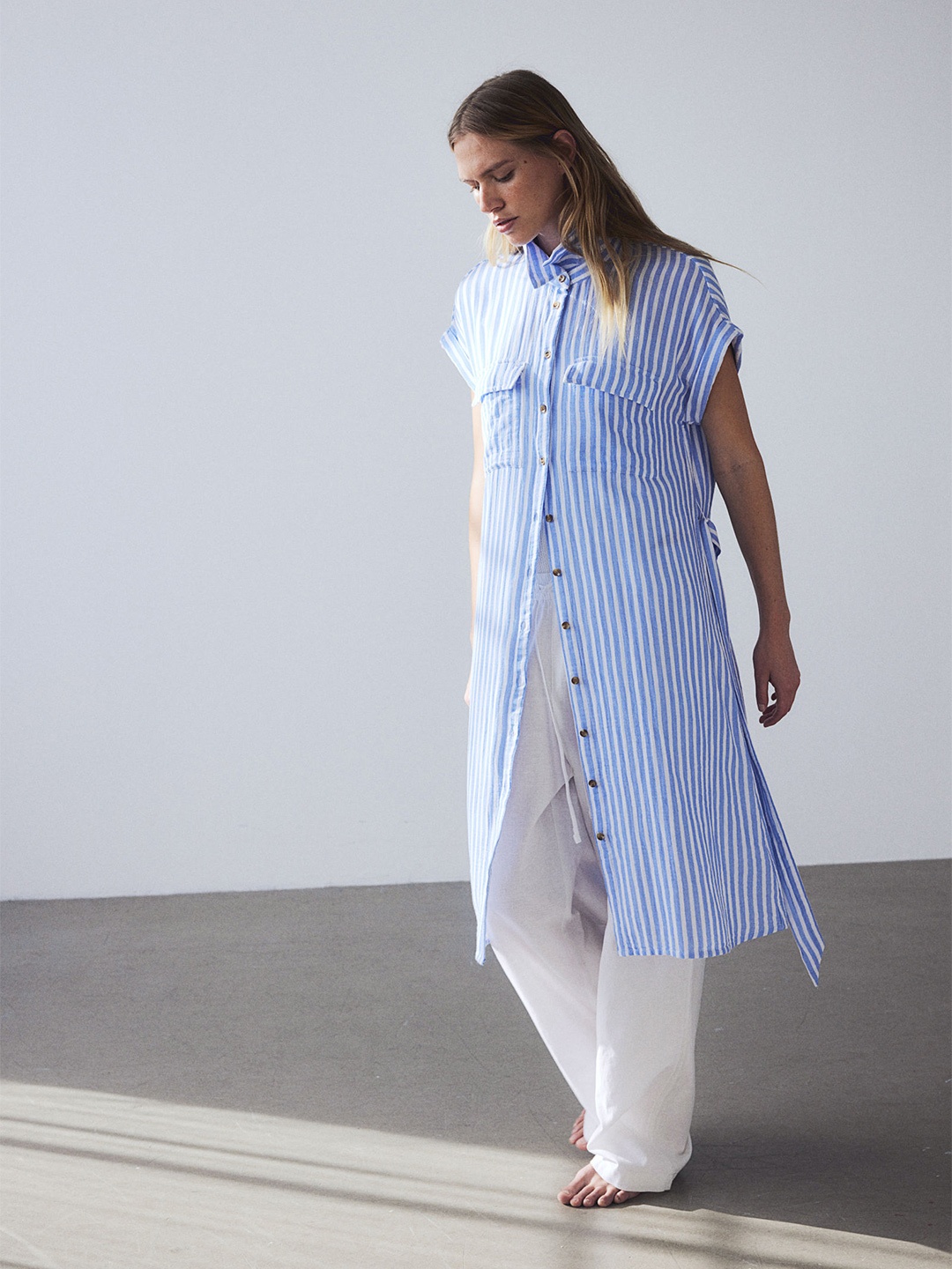 

H&M Pure Cotton Tie-Belt Shirt Dress, Blue