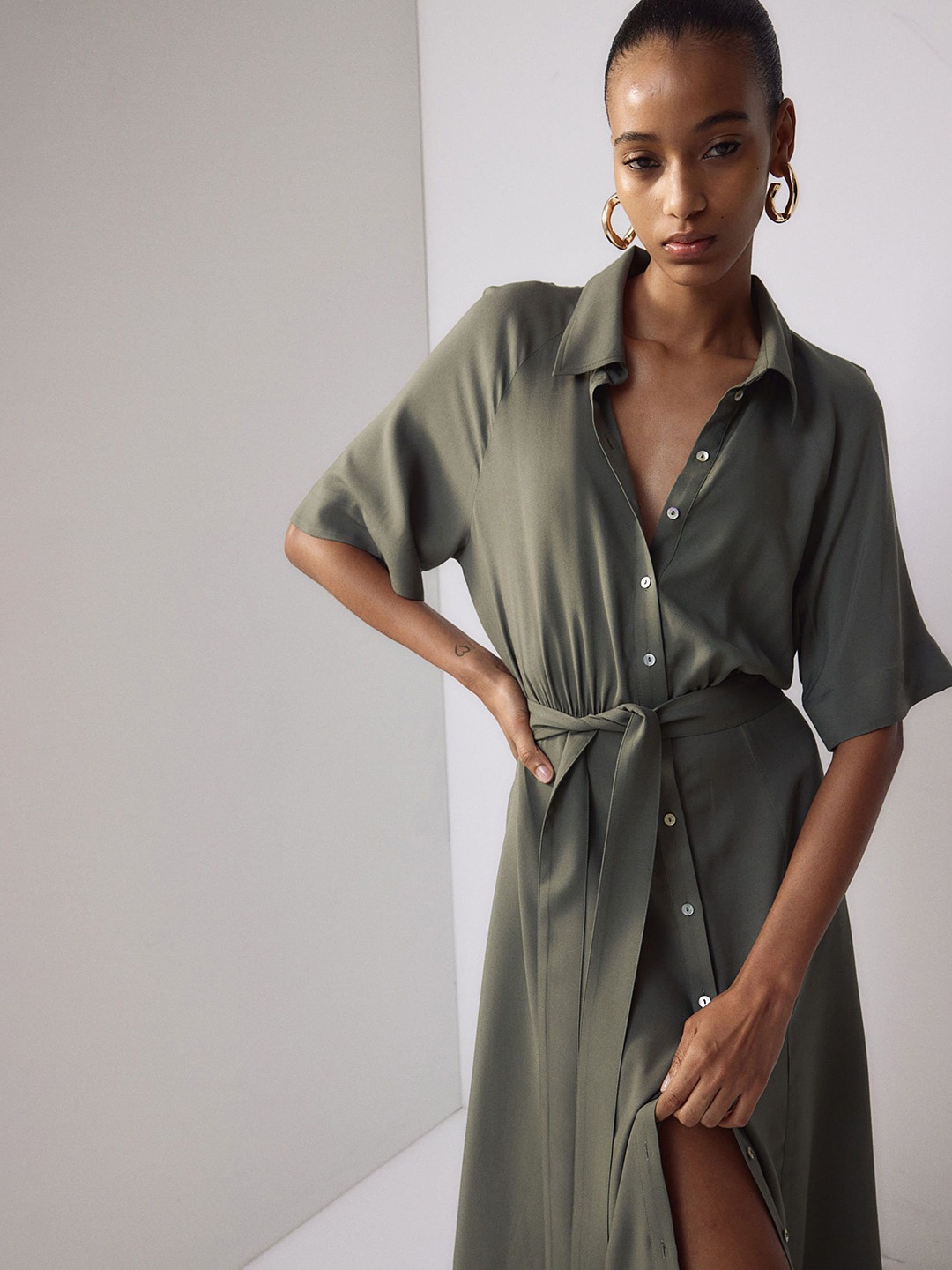 

H&M Tie-Belt Shirt Dress, Green