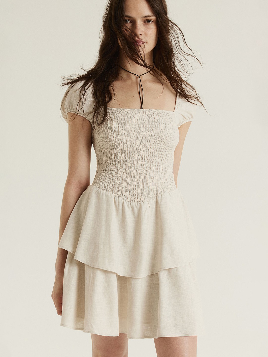 

H&M Tiered-Skirt Smocked Dress, Beige