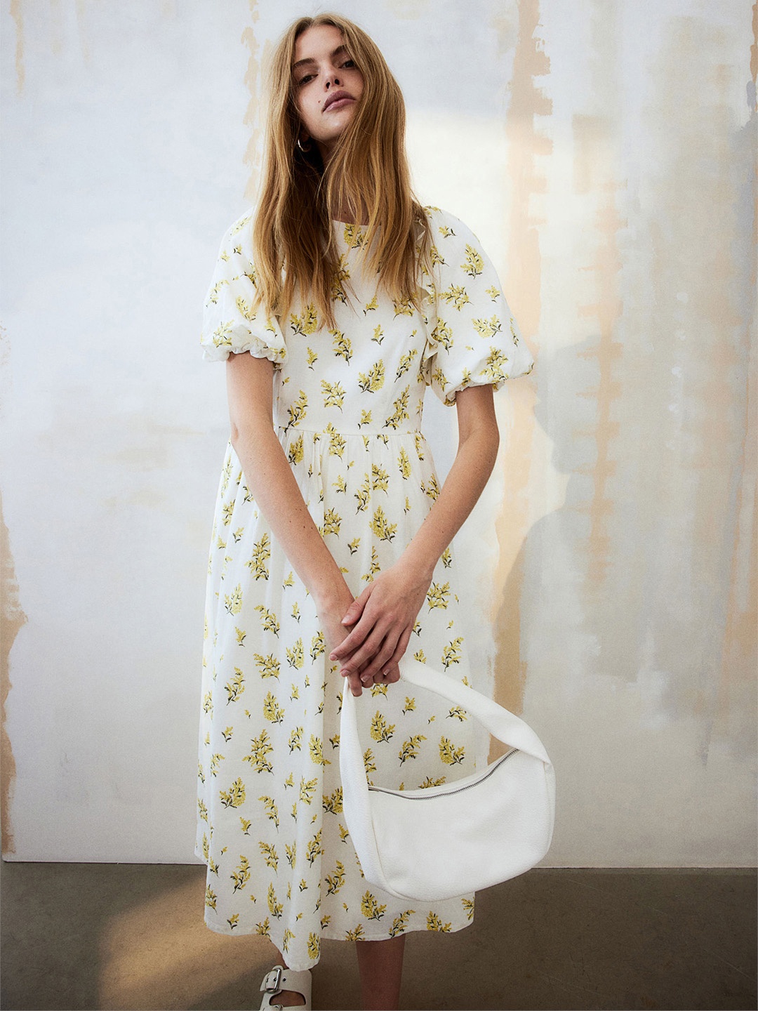 

H&M Puff-Sleeved Midi Dress, White