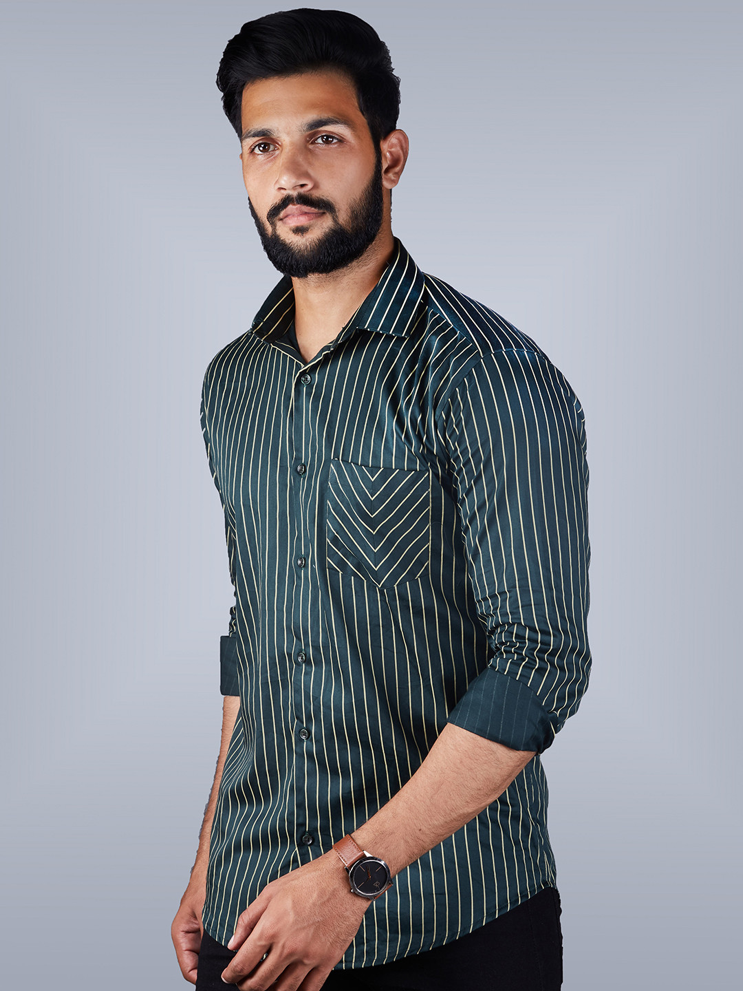 

INDIAN THREADS Slim Fit Opaque Striped Cotton Formal Shirt, Green