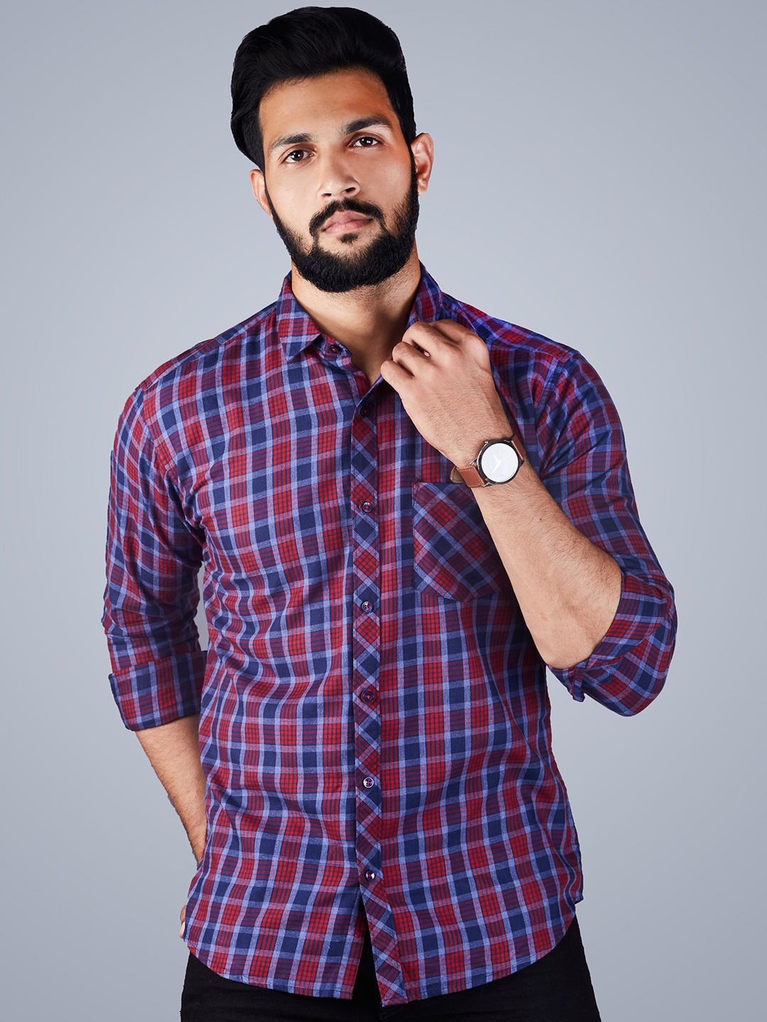 

INDIAN THREADS Slim Fit Tartan Checks Opaque Cotton Formal Shirt, Red