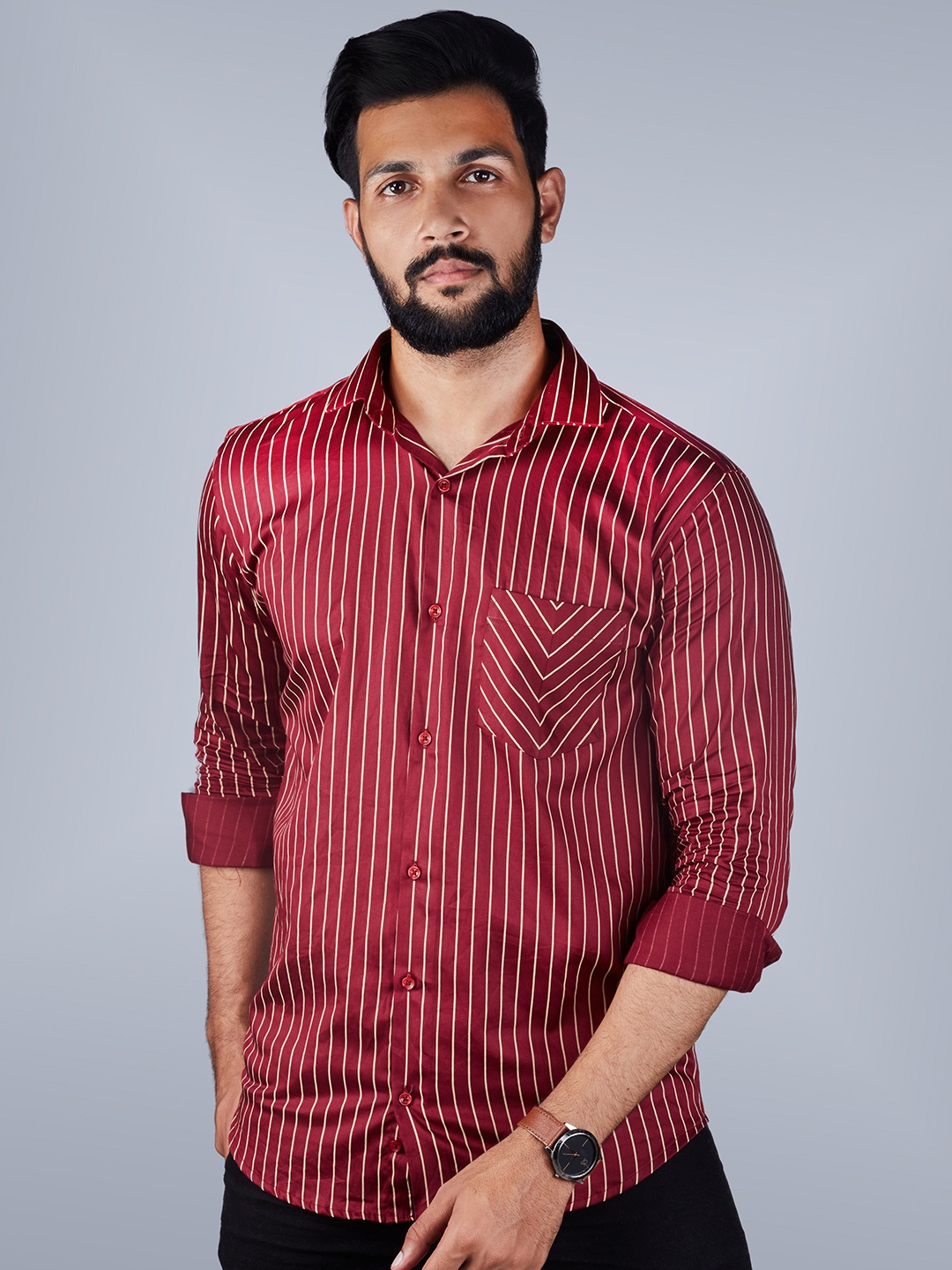 

INDIAN THREADS Slim Fit Opaque Striped Cotton Formal Shirt, Red