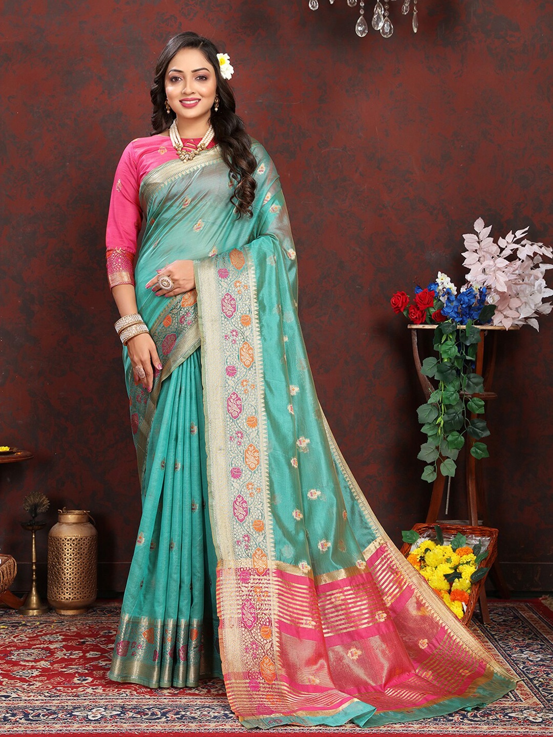 Lookslady Woven Design Zari Organza Banarasi Saree, Turquoise blue