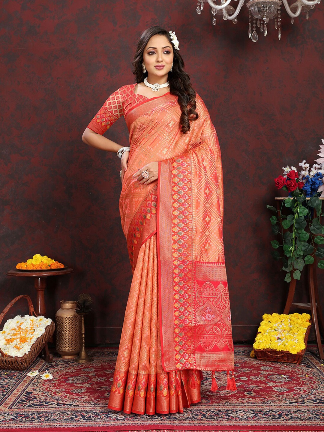 

Lookslady Ethnic Motifs Woven Design Banarasi Saree, Orange