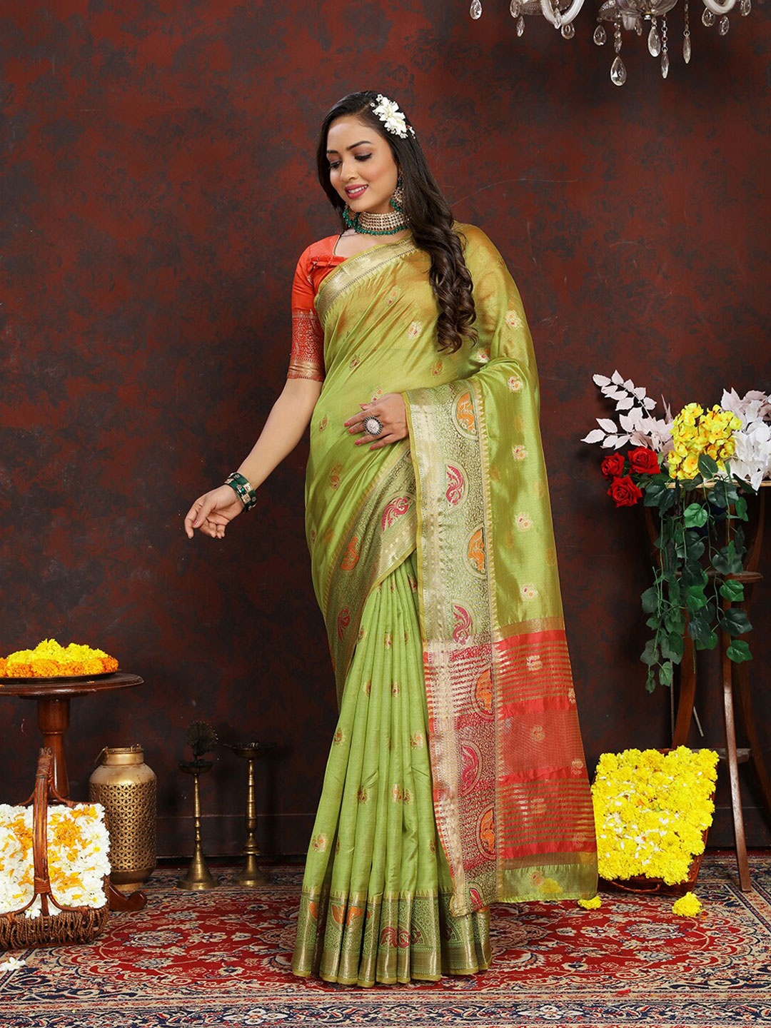 Lookslady Ethnic Motifs Zari Organza Banarasi Saree, Green