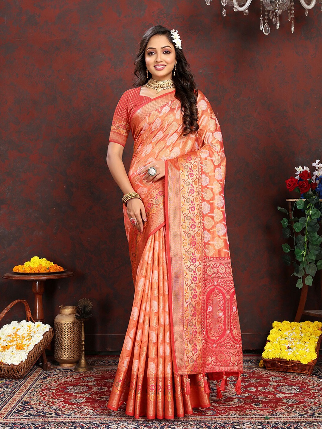 

Lookslady Floral Woven Design Zari Organza Banarasi Saree, Orange