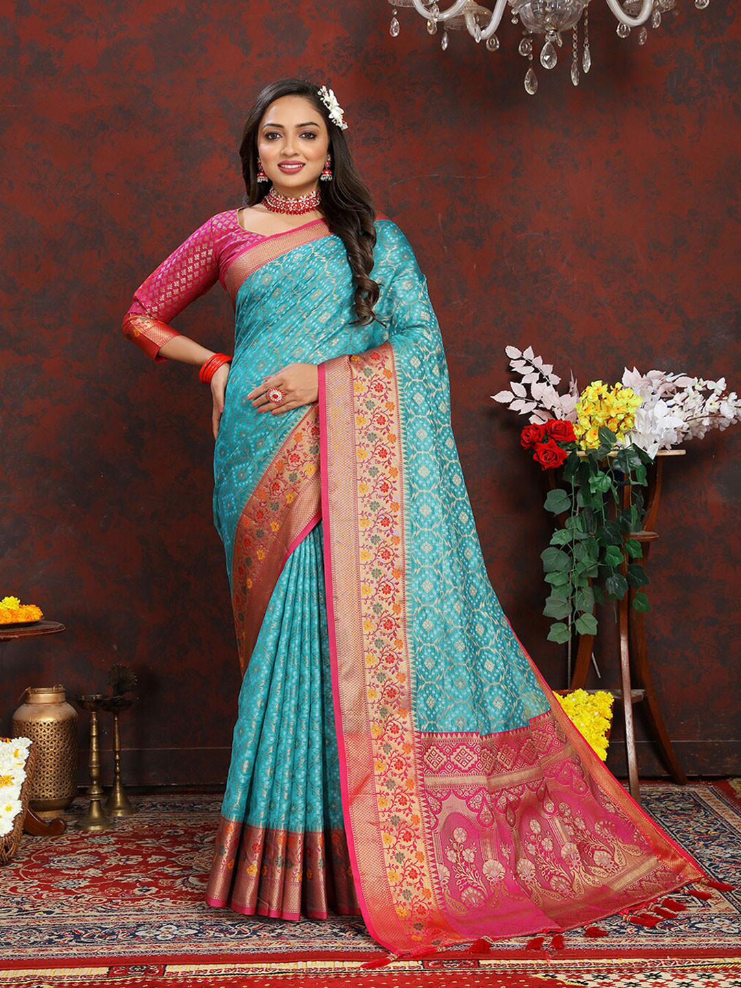 

Lookslady Ethnic Motifs Woven Design Zari Organza Banarasi Saree, Turquoise blue