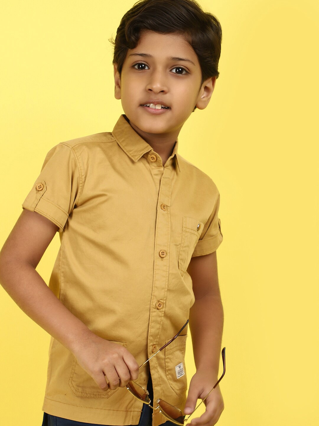 

V-Mart Boys Spread Collar Roll Up Sleeves Cotton Casual Shirt, Khaki