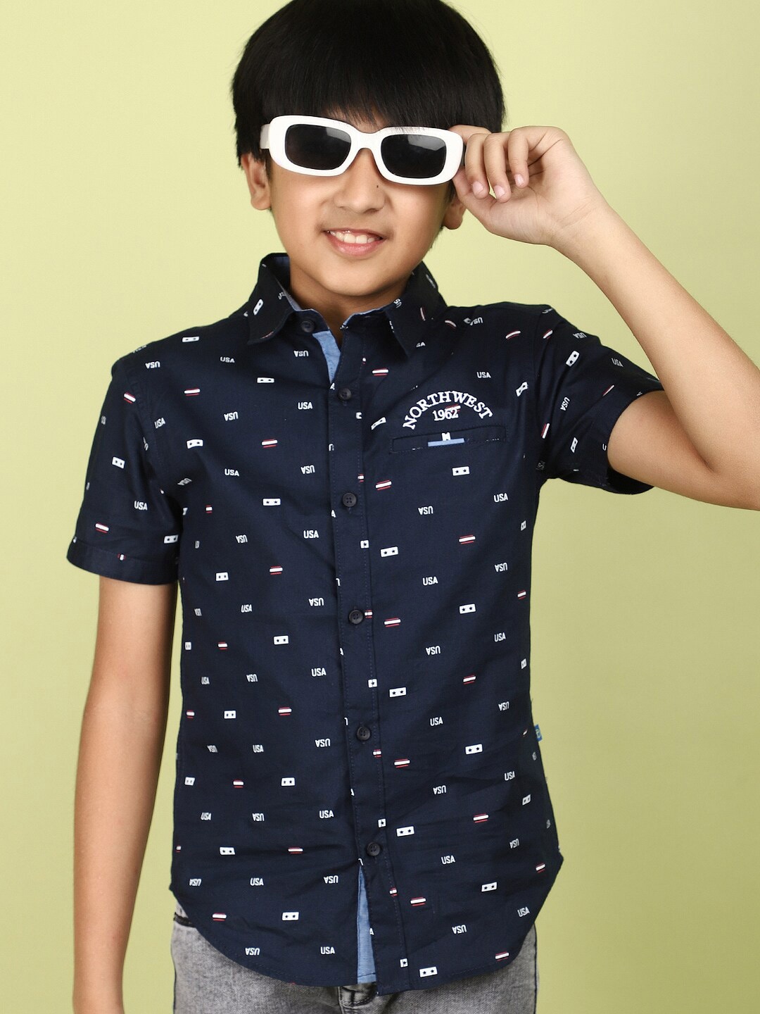 

V-Mart Boys Typography Printed Spread Collar Cotton Shirt, Navy blue