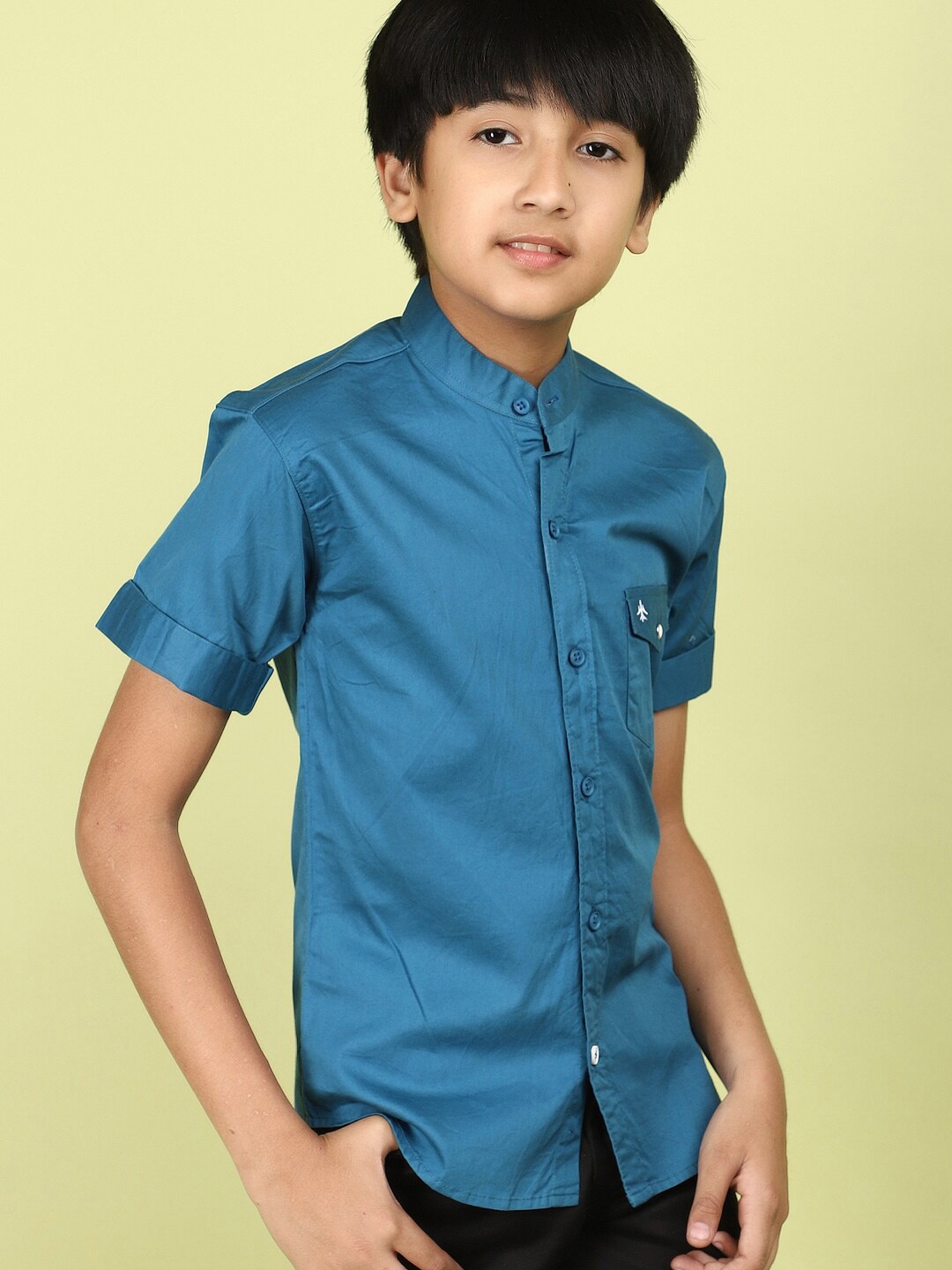 

V-Mart Boys Mandarin Collar Opaque Casual Cotton Shirt, Blue