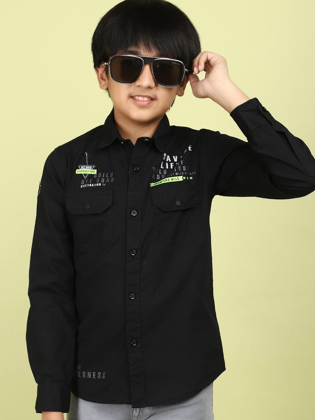 

V-Mart Boys Spread Collar Opaque Casual Cotton Shirt, Black
