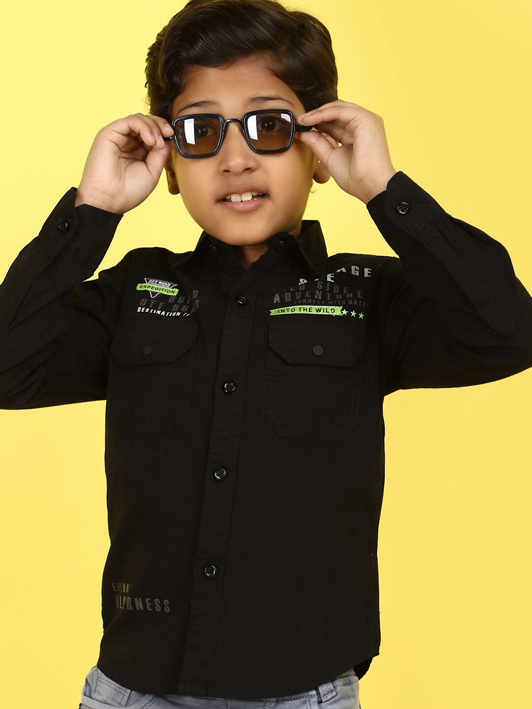 

V-Mart Boys Spread Collar Opaque Casual Cotton Shirt, Black