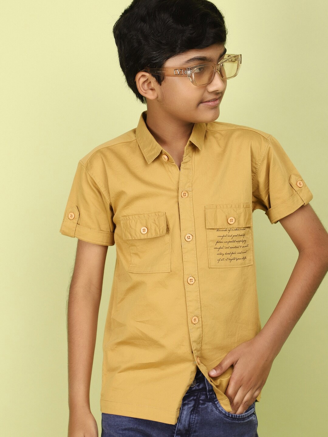 

V-Mart Boys Spread Collar Opaque Printed Casual Cotton Shirt, Khaki