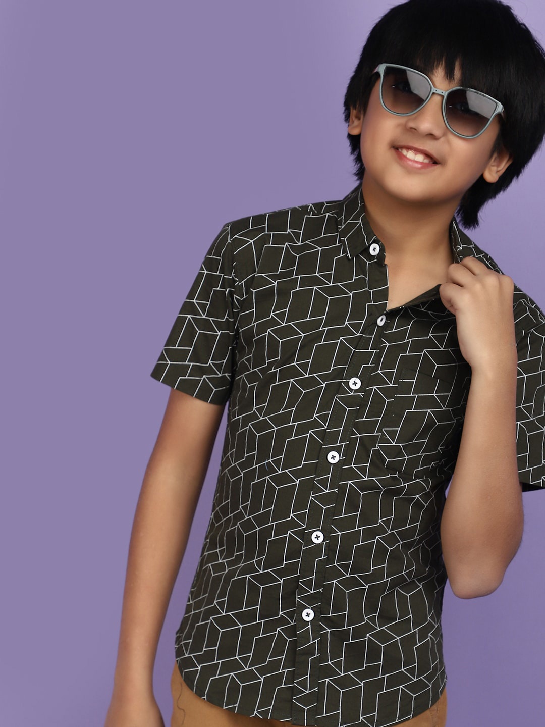

V-Mart Boys Geometric Printed Spread Collar Cotton Casual Shirt, Green