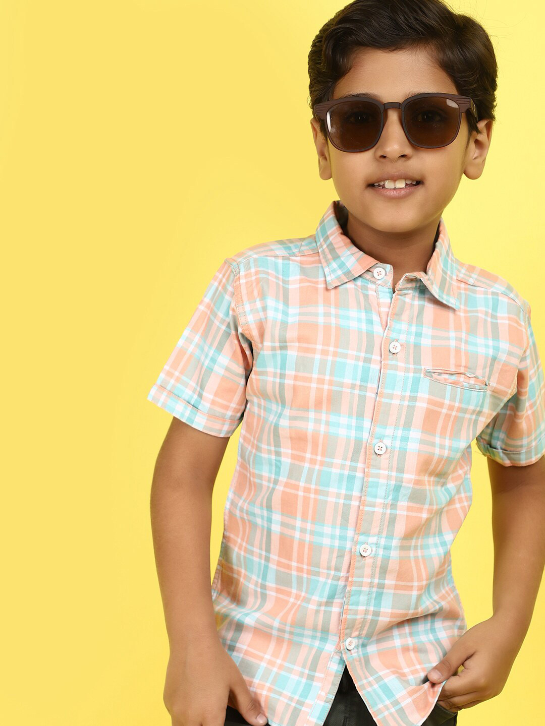 

V-Mart Boys Spread Collar Tartan Checks Opaque Checked Casual Cotton Shirt, Orange