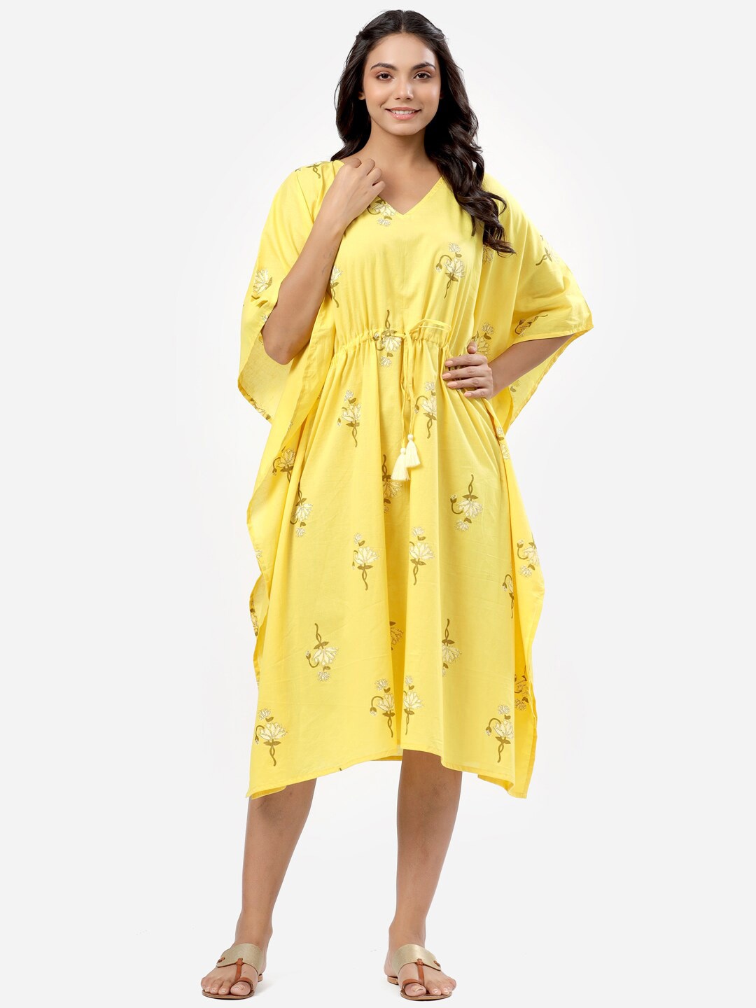 

mirari Floral Printed V-Neck Three-Quarter Sleeves Pure Cotton Kaftan Maxi Dress, Yellow