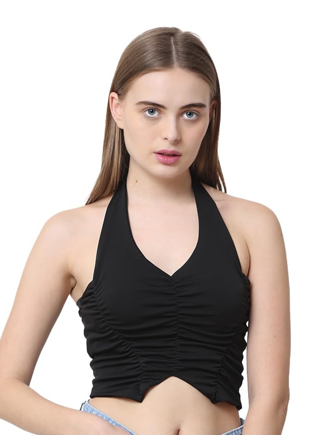

CareDone Halter Neck Ruched Cotton Fitted Crop Top, Black