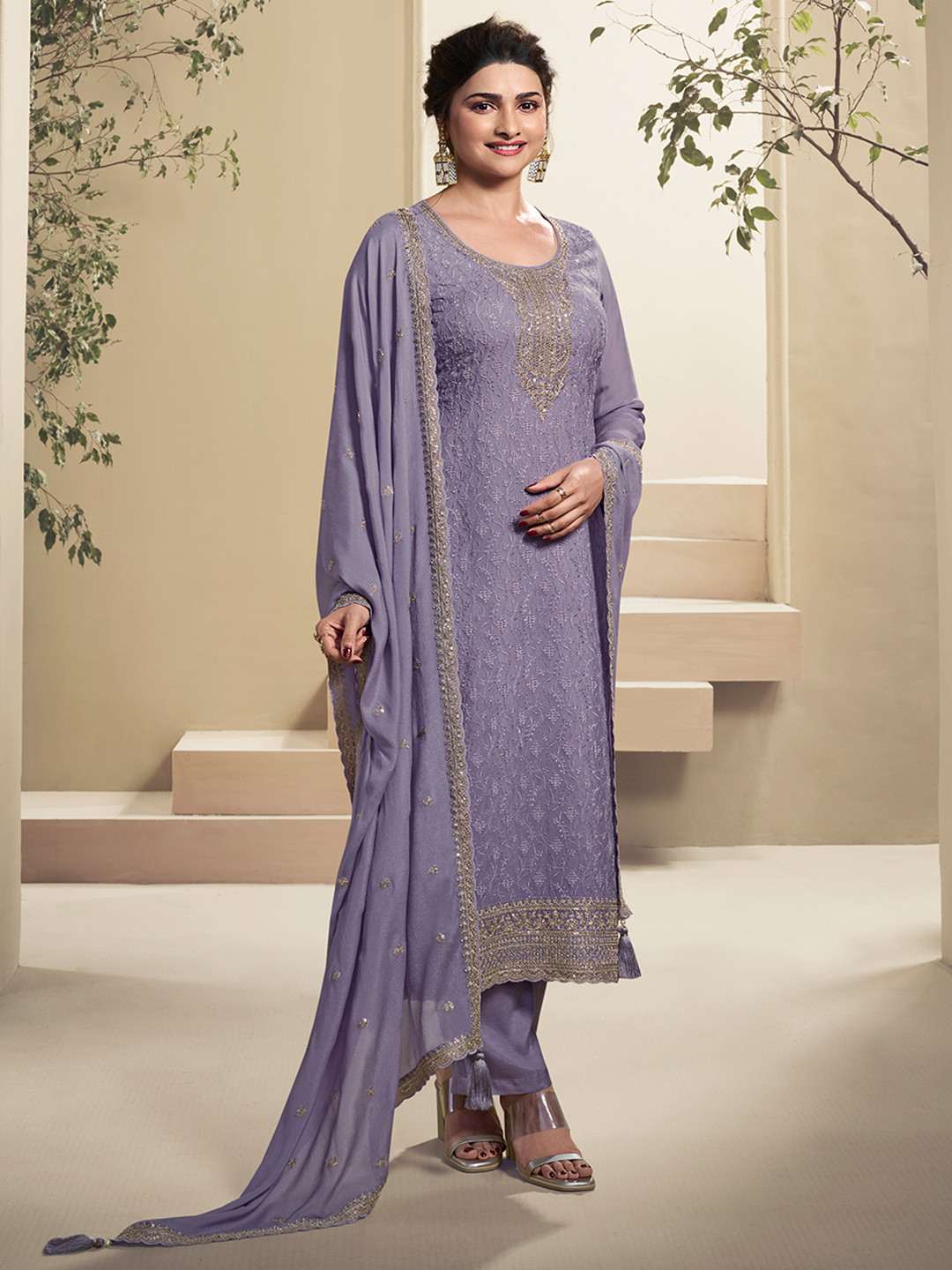 

Seerat Ethnic Motifs Embroidered Organza Sequinned Straight Kurta With Trousers & Dupatta, Purple