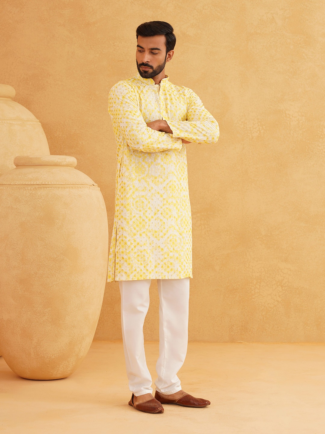 

SOJANYA Ethnic Motifs Embroidered Mandarin Collar Sequinned Pure Cotton Kurta With Pyjama, Yellow