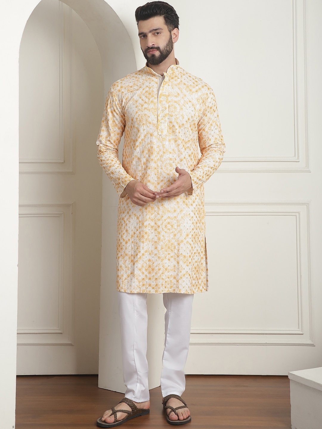 

SOJANYA Ethnic Motifs Embroidered Mandarin Collar Sequinned Pure Cotton Kurta With Pyjama, Mustard