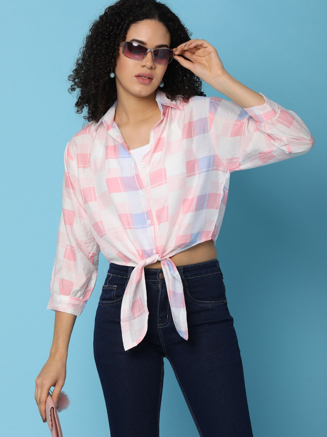 

V-Mart Checked Shirt Collar Cuffed Sleeves Cotton Shirt Style Crop Top, Pink