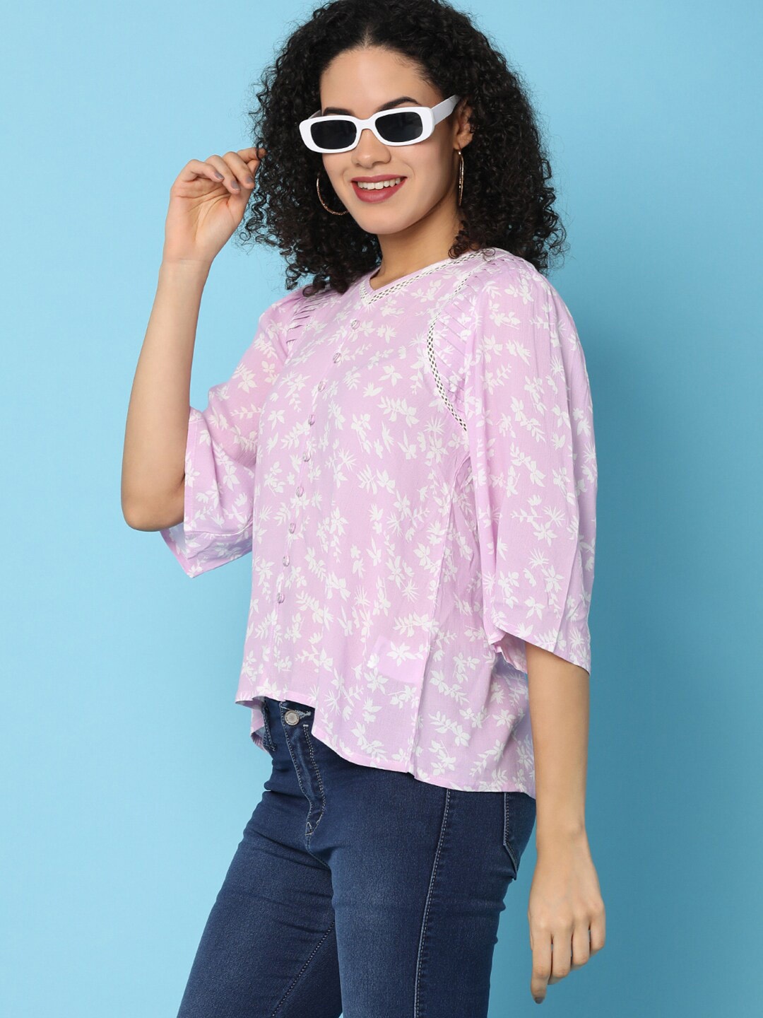 

V-Mart Floral Printed Puff Sleeves Schiffli Detail Top, Pink