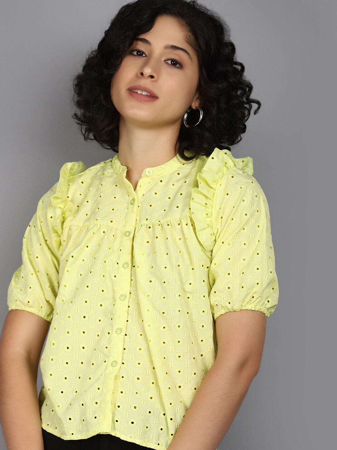 

V-Mart Mandarin Collar Puff Sleeve Shirt Style Top, Yellow
