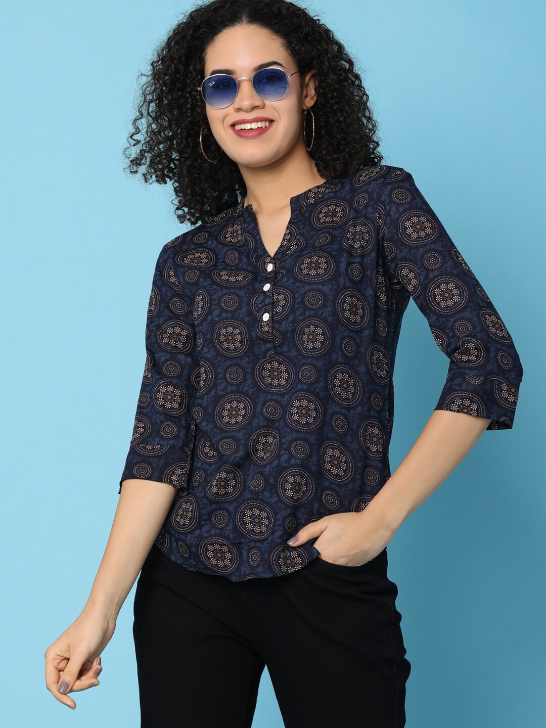 

V-Mart Ethnic Motifs Printed Mandarin Collar Shirt Style Top, Navy blue